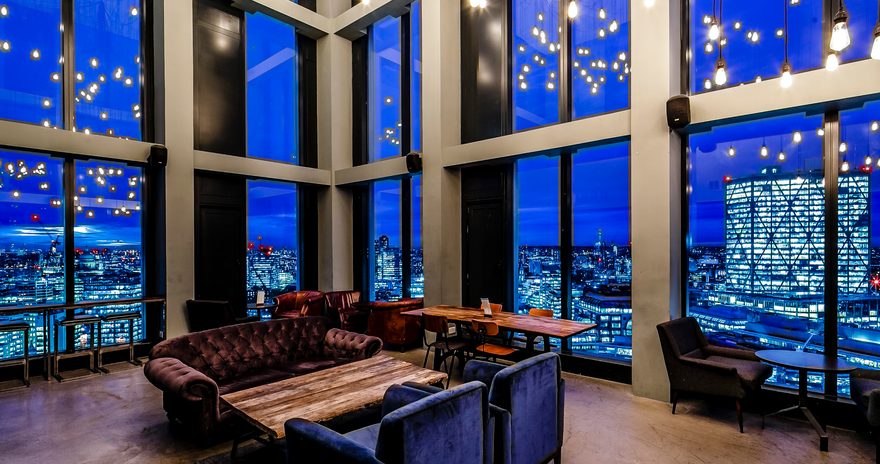 The dining and lounge area with view of London