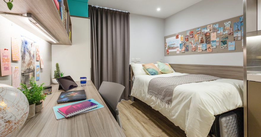 The bed in the panorama studio in Kaplan Living Liverpool