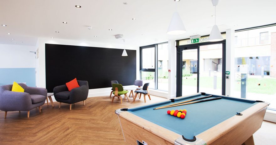 Social space with a pool table in the Kelvin Court residence