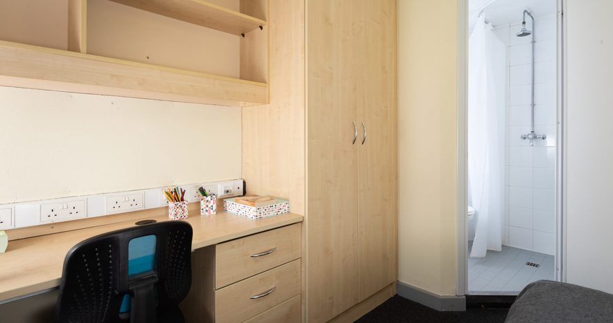 The Furniture, Cupboard, Closet and bathroom at the standard ensuite at halifax college