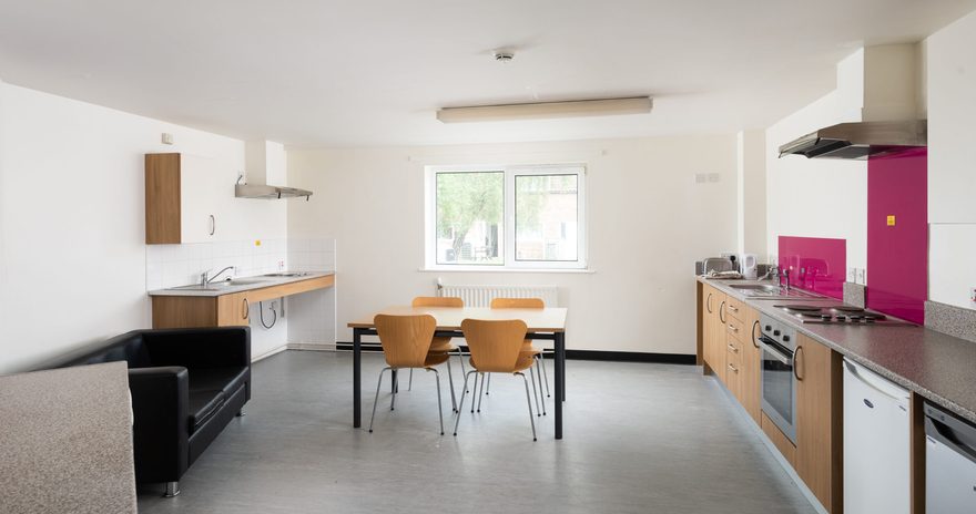 the kitchen and tables of the shared kitchen at halifax college