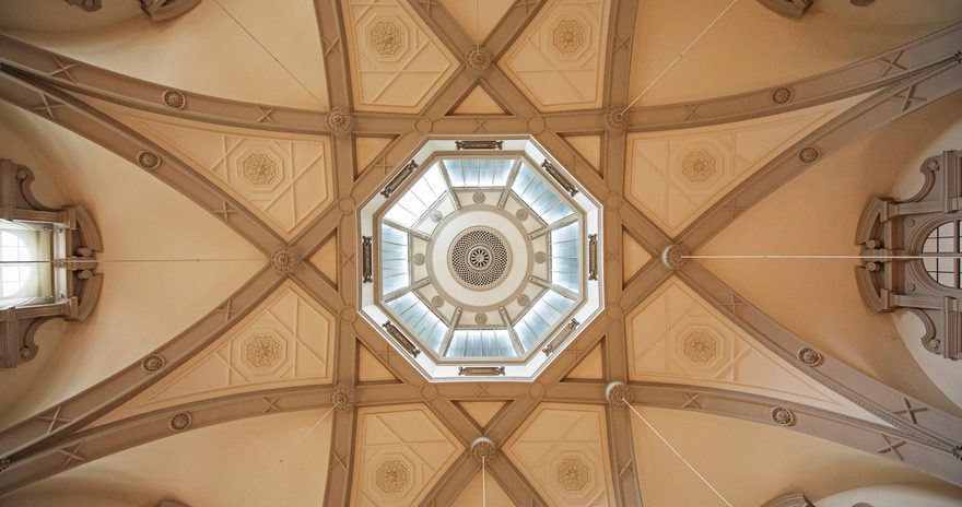 The ceiling of an ancient building at Queen Mary University