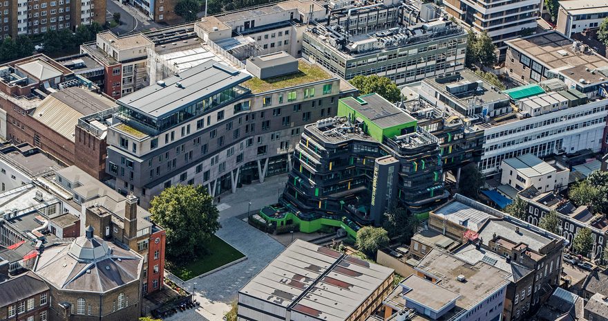 Aerial view of the area near Queen Mary Uni campus