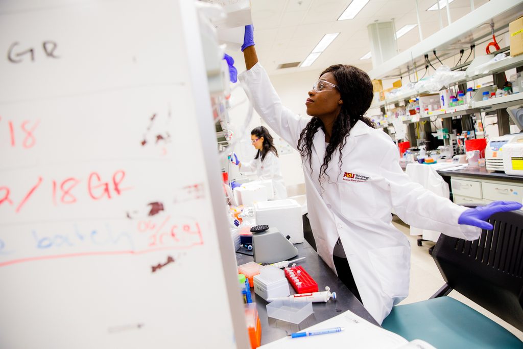A student works in a lab in the Biodesign Institute