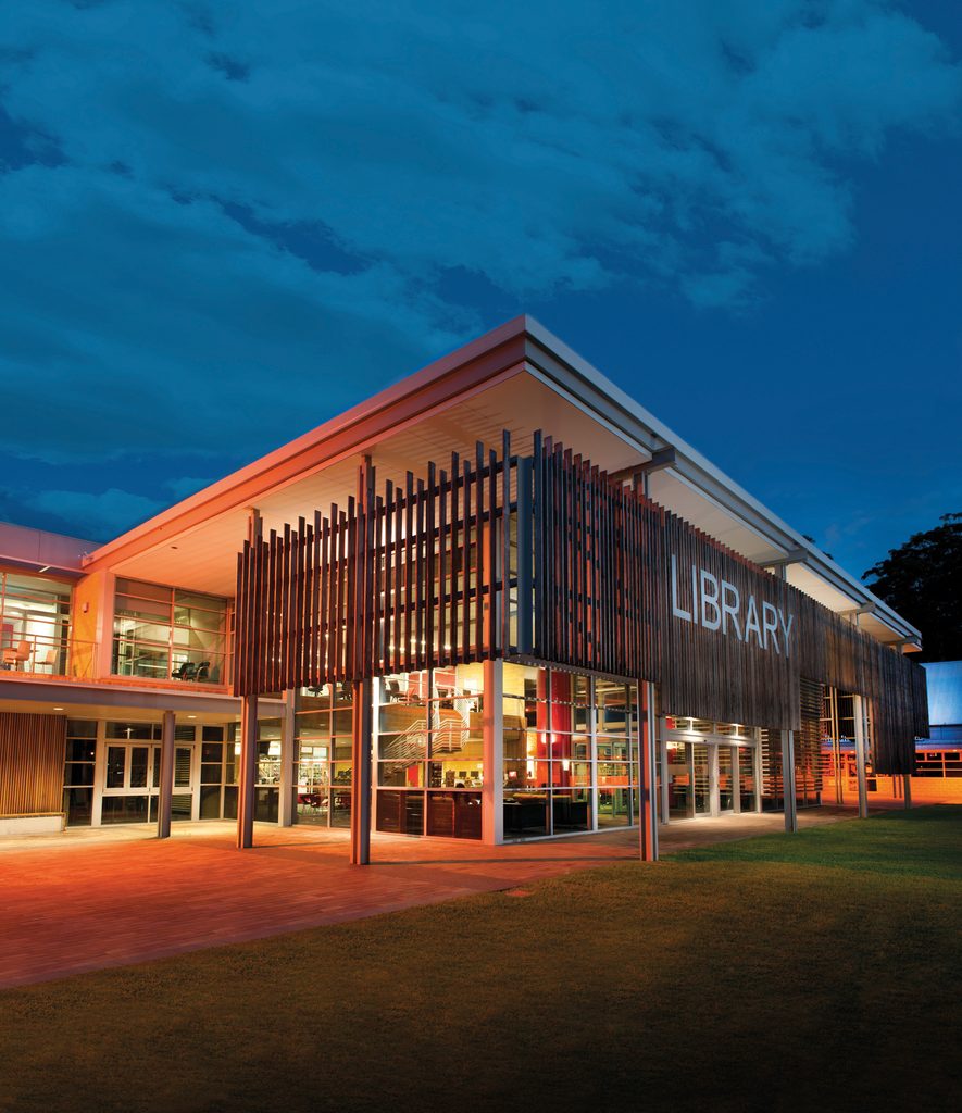 University of Newcastle building lit up at night