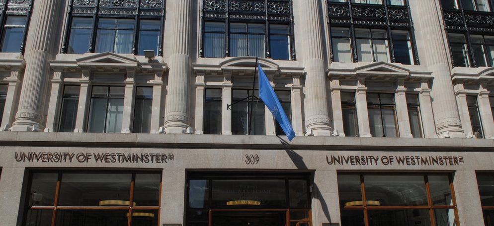 University of Westminster building on a busy road