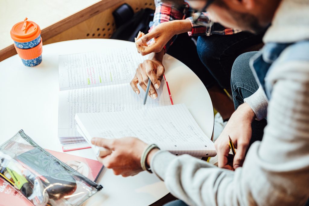 Students studying looking at notebooks