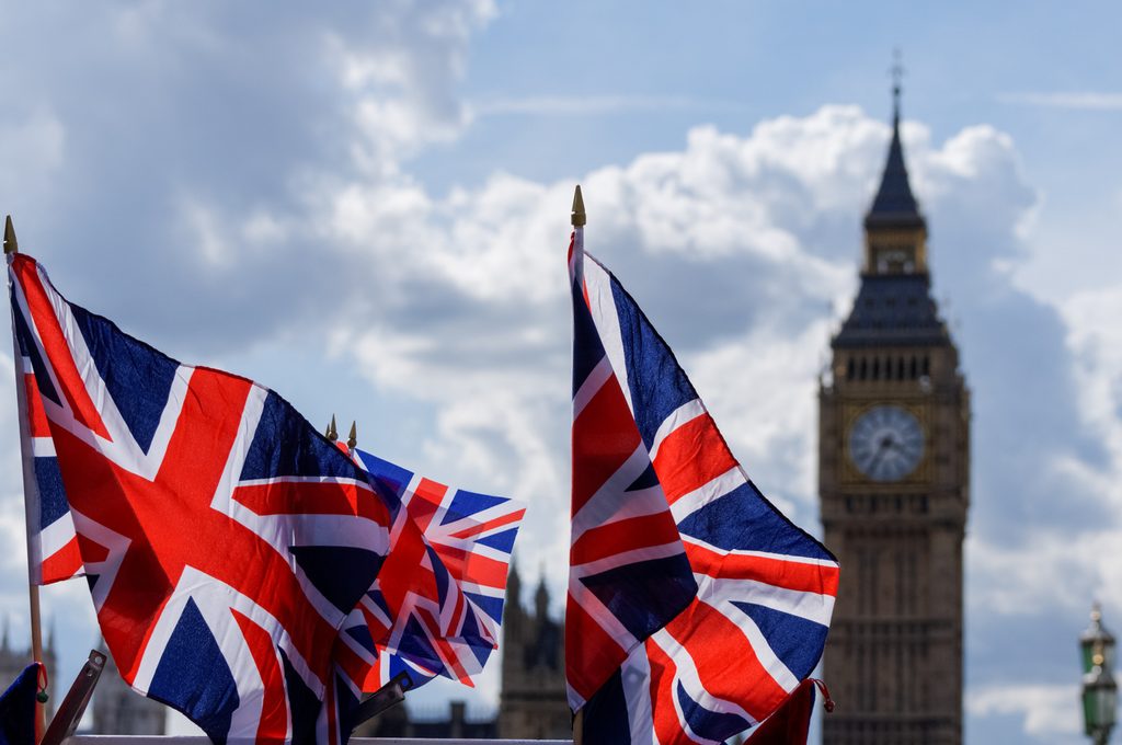 Union Jack flags and the big ben in London