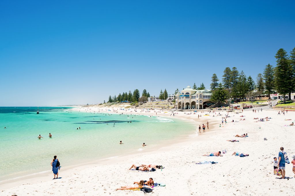 A busy Cottesloe Beach, Perth, Western Australia on a beautiful day