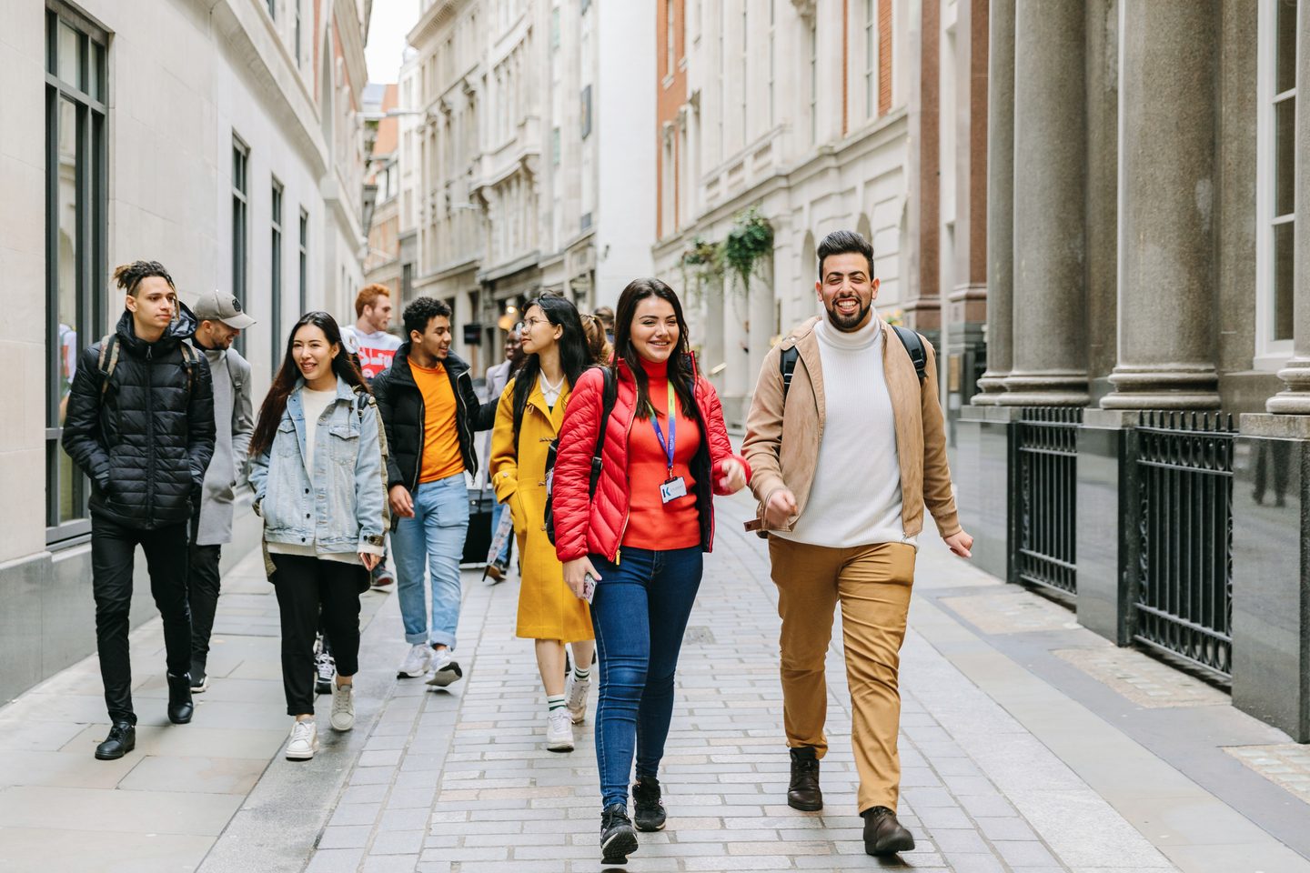 A group of students walking in London