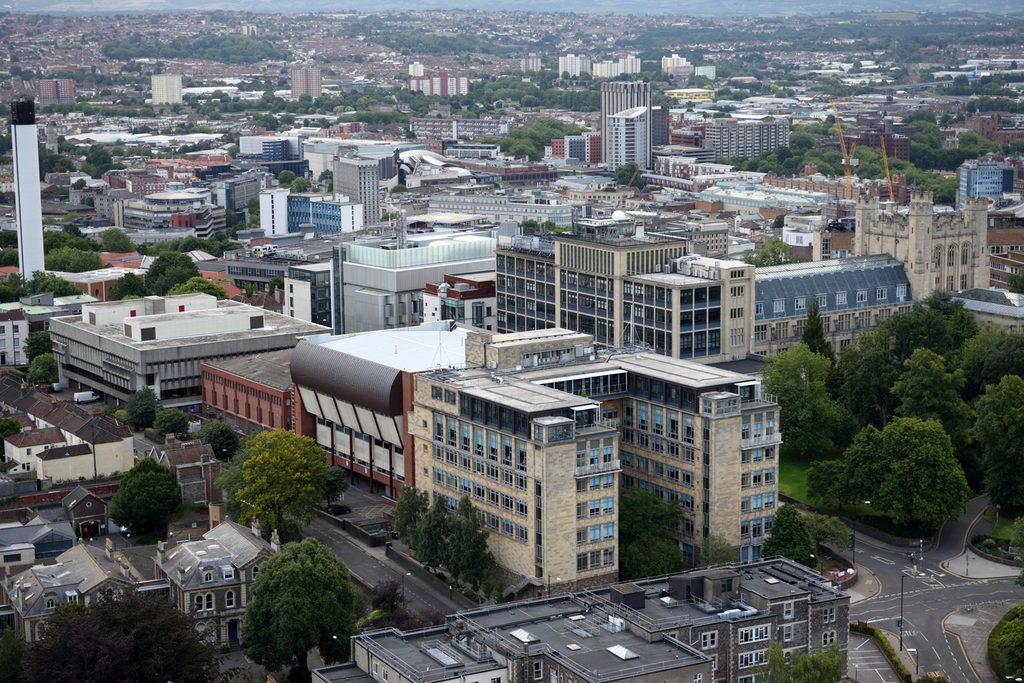 Aerial shot of Senate House and the Centre for Sport, Exercise and Health and Tyndall Avenue