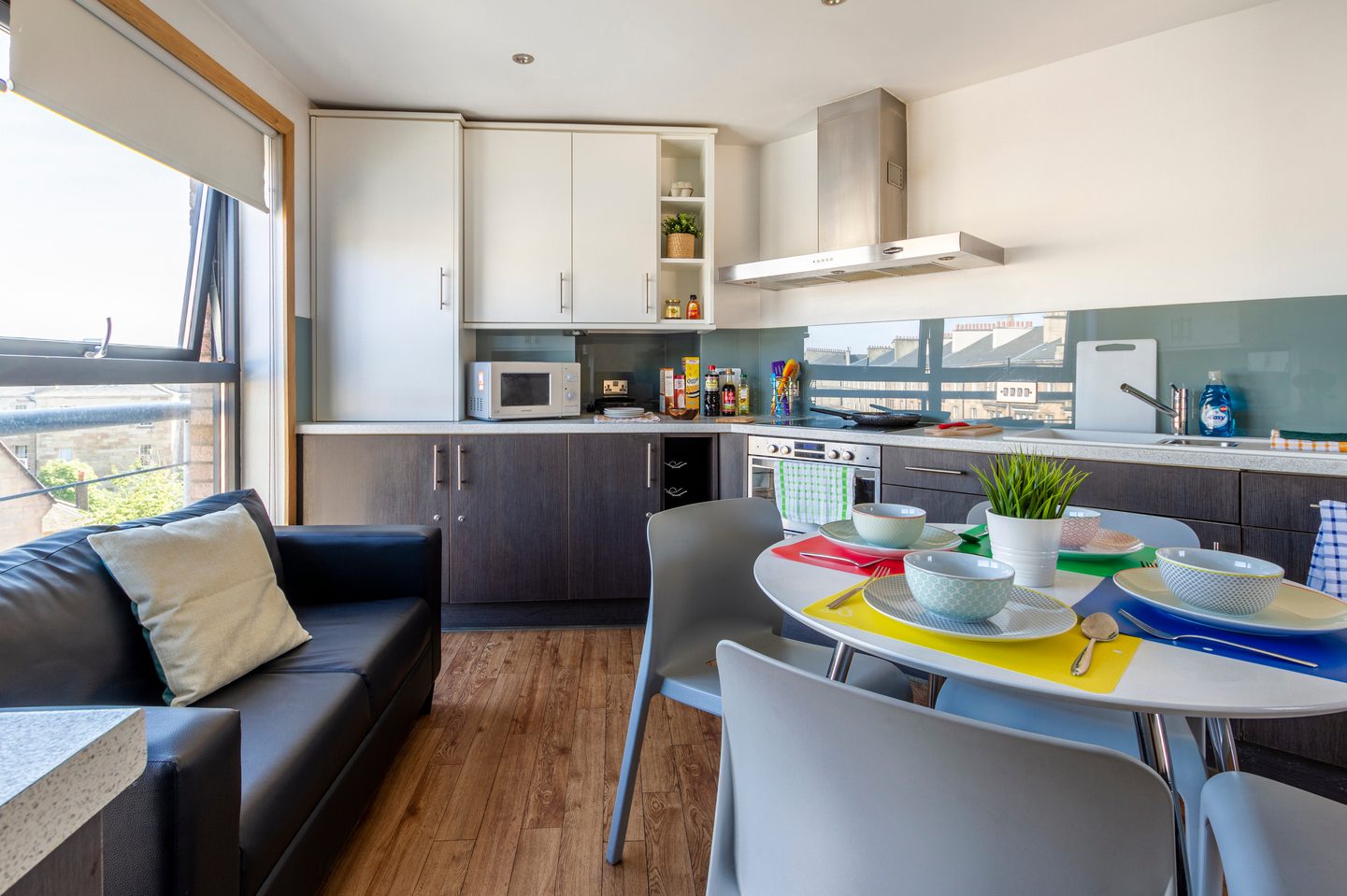 Shared kitchen with a kitchenette a dining table with chairs and a sofa ta