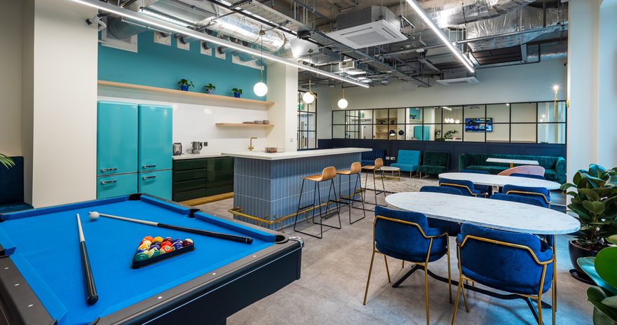 kitchen tables and chairs and pool table in student accommodation