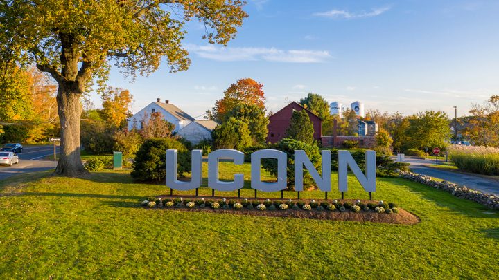 Aerial (drone) view of the large letter UConn Sign