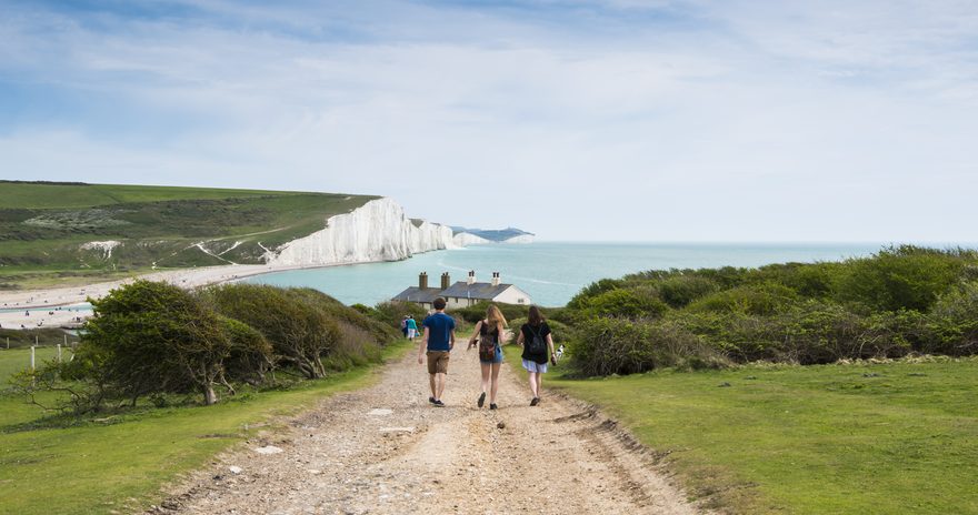A group of students walking on a path to reach the seaside