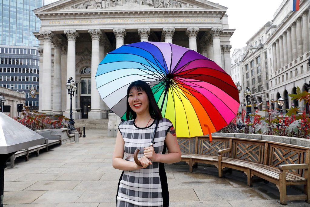 A student in the rain in London