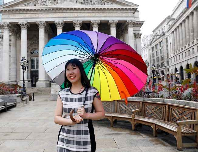 A student in the rain in London