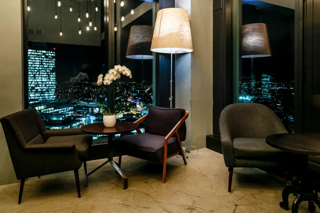 A Chill area at Spitalfields with a view of London at night