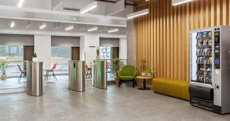 The entrance with turnstiles at Kaplan Living Liverpool