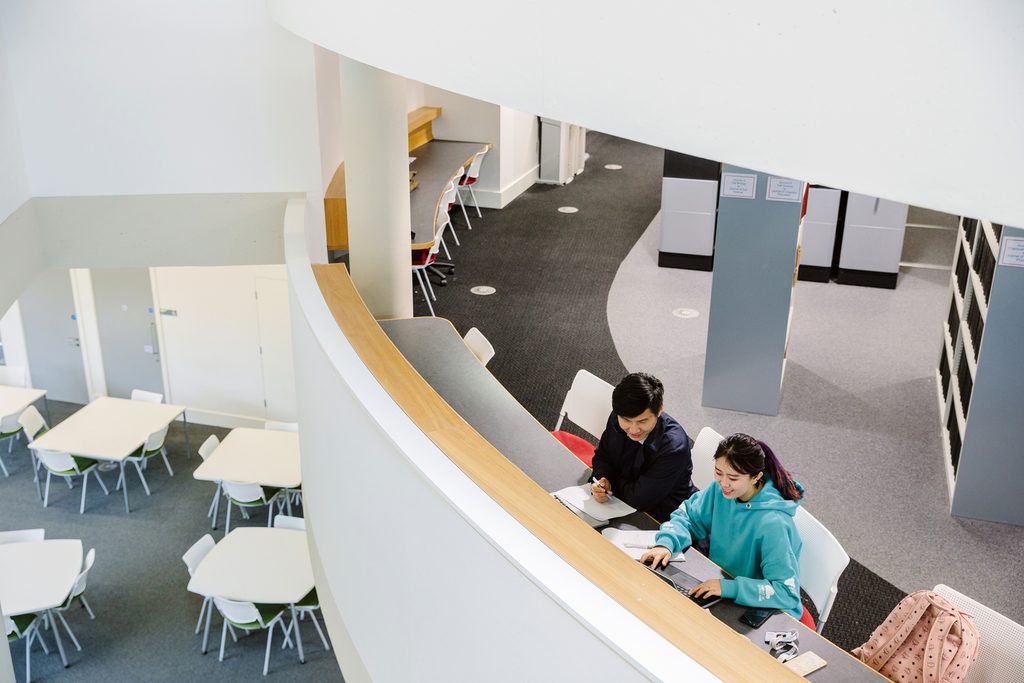 two students studying in the university library