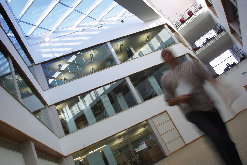 Walking through a modern university building
