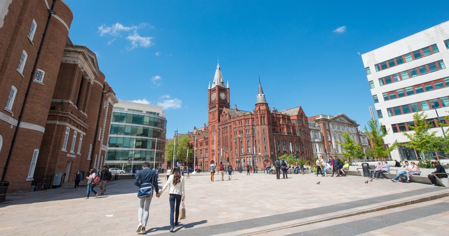 A public square in front of the Liverpool University Mountford Hall