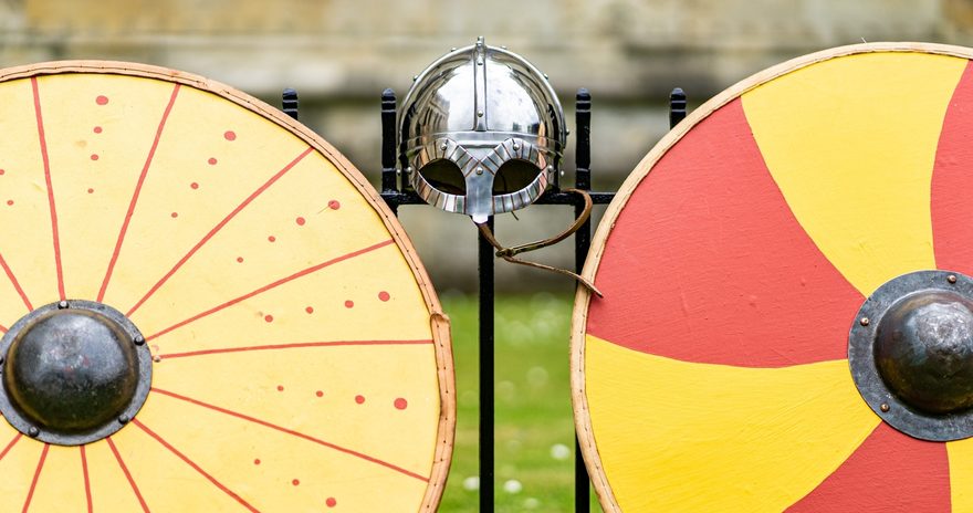 2 viking shields and a helmet