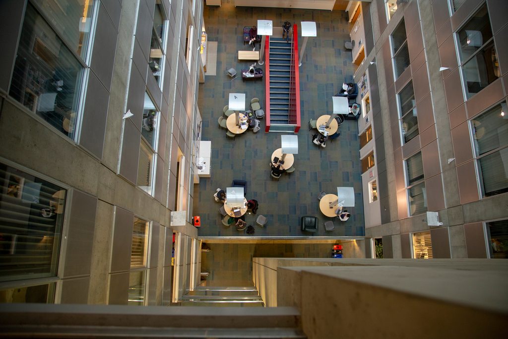 Students studying in the Engineering and Computer Science building.