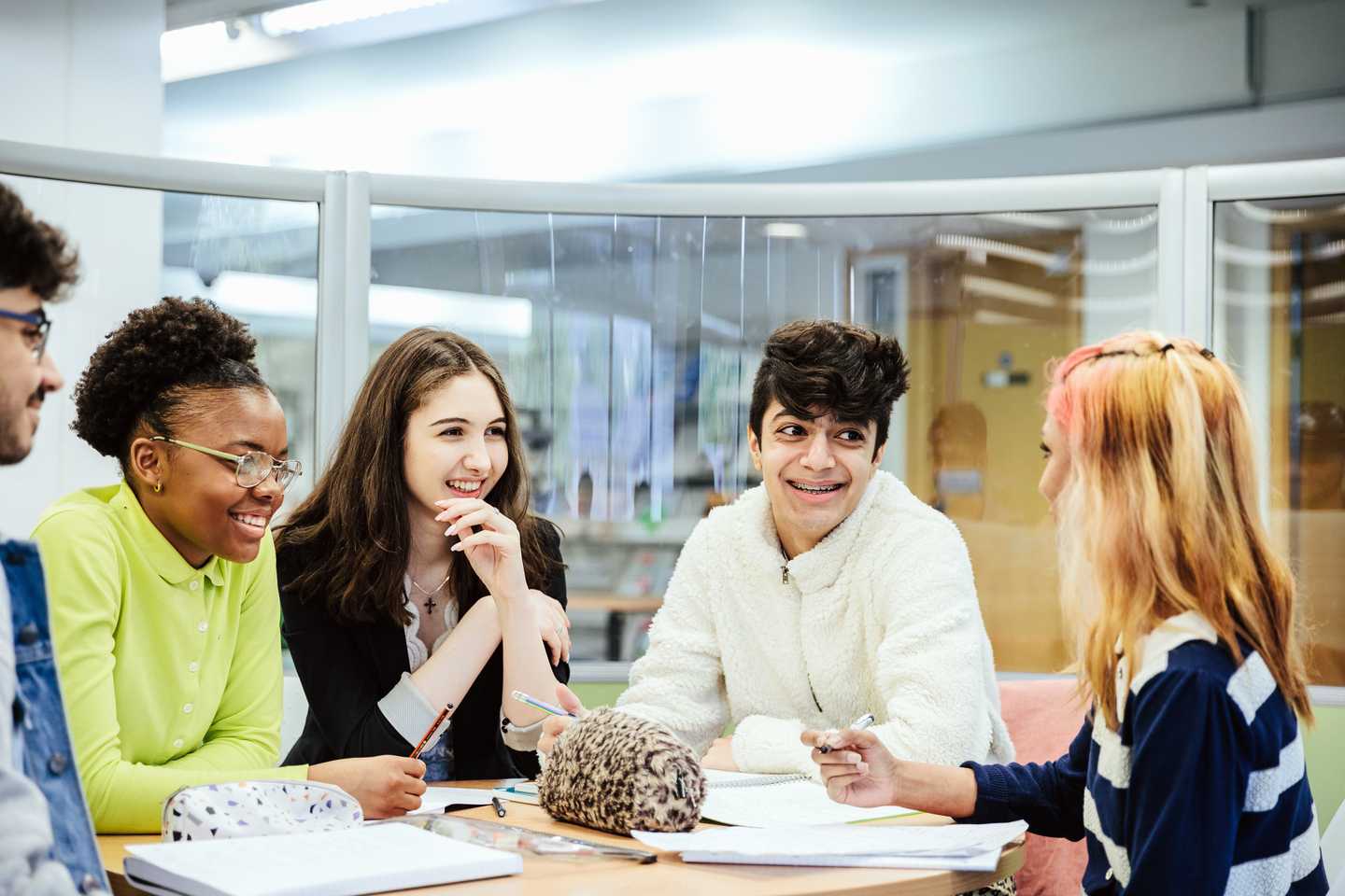 Students talking and studying in a roundtable